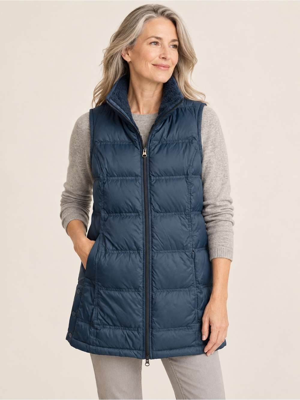 J Jill Down Puffer Vest Womens Small Dark Teal Sherpa Collar Longline Snap Sides